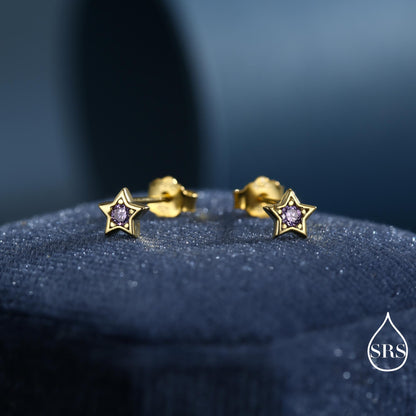 Tiny Amethyst Purple CZ Star Stud Earrings in Sterling Silver, Silver or Gold, Purple Crystal Star Earrings, Stacking Earrings