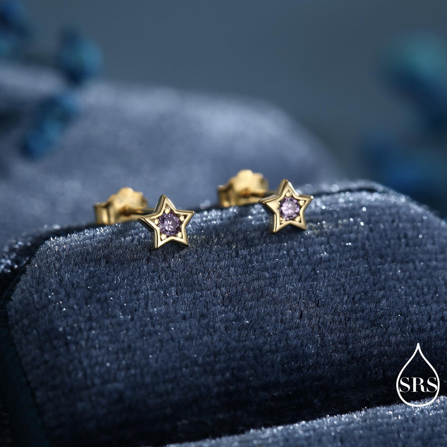 Tiny Amethyst Purple CZ Star Stud Earrings in Sterling Silver, Silver or Gold, Purple Crystal Star Earrings, Stacking Earrings