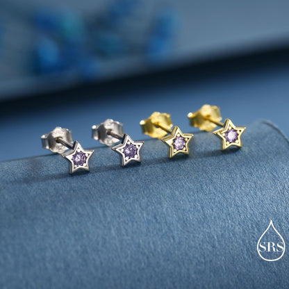 Tiny Amethyst Purple CZ Star Stud Earrings in Sterling Silver, Silver or Gold, Purple Crystal Star Earrings, Stacking Earrings