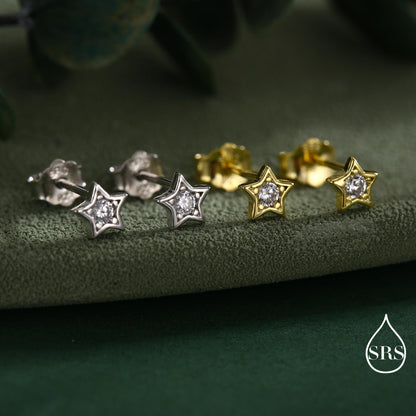 Tiny CZ Star Stud Earrings in Sterling Silver, Silver or Gold, Crystal Star Earrings, Stacking Earrings
