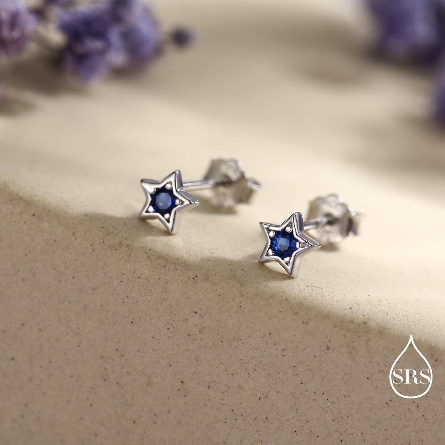 Tiny Sapphire Blue CZ Star Stud Earrings in Sterling Silver, Silver or Gold, Blue Crystal Star Earrings, Stacking Earrings