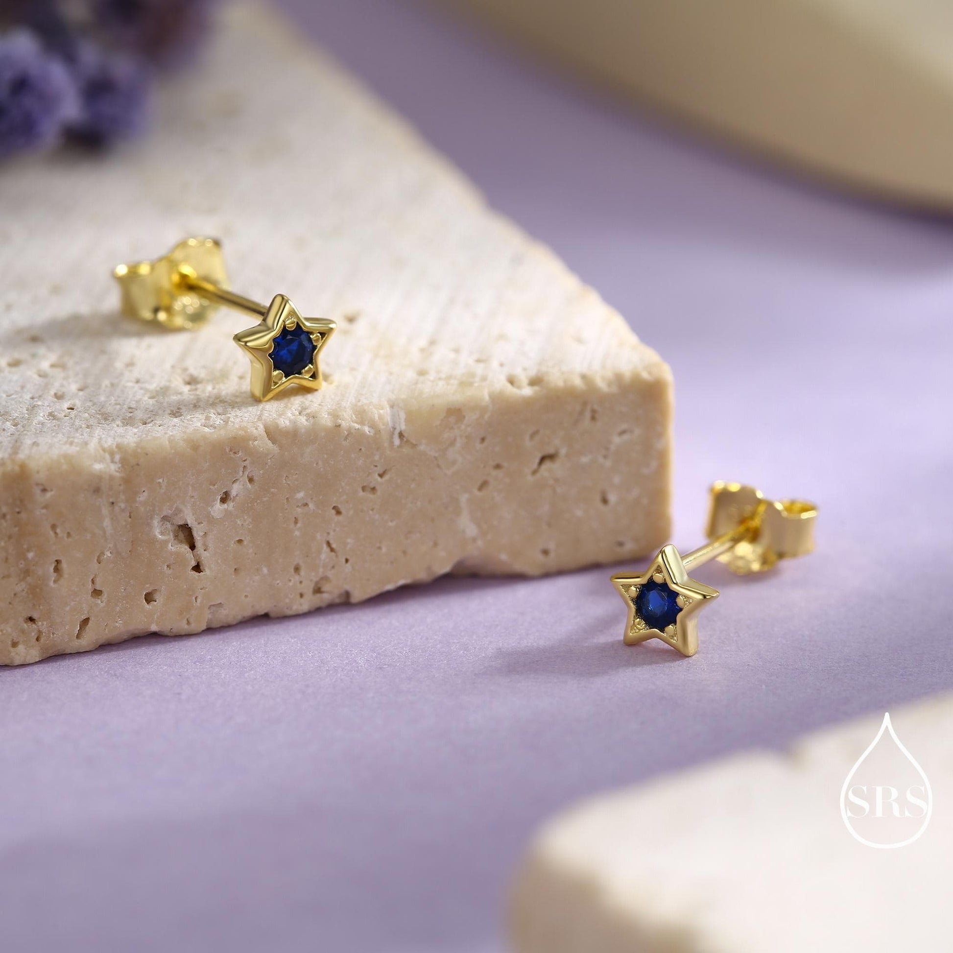 Tiny Sapphire Blue CZ Star Stud Earrings in Sterling Silver, Silver or Gold, Blue Crystal Star Earrings, Stacking Earrings