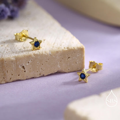 Tiny Sapphire Blue CZ Star Stud Earrings in Sterling Silver, Silver or Gold, Blue Crystal Star Earrings, Stacking Earrings
