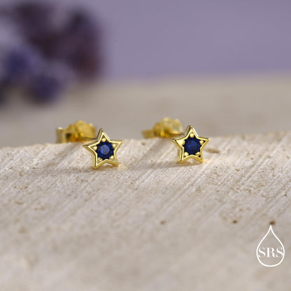Tiny Sapphire Blue CZ Star Stud Earrings in Sterling Silver, Silver or Gold, Blue Crystal Star Earrings, Stacking Earrings