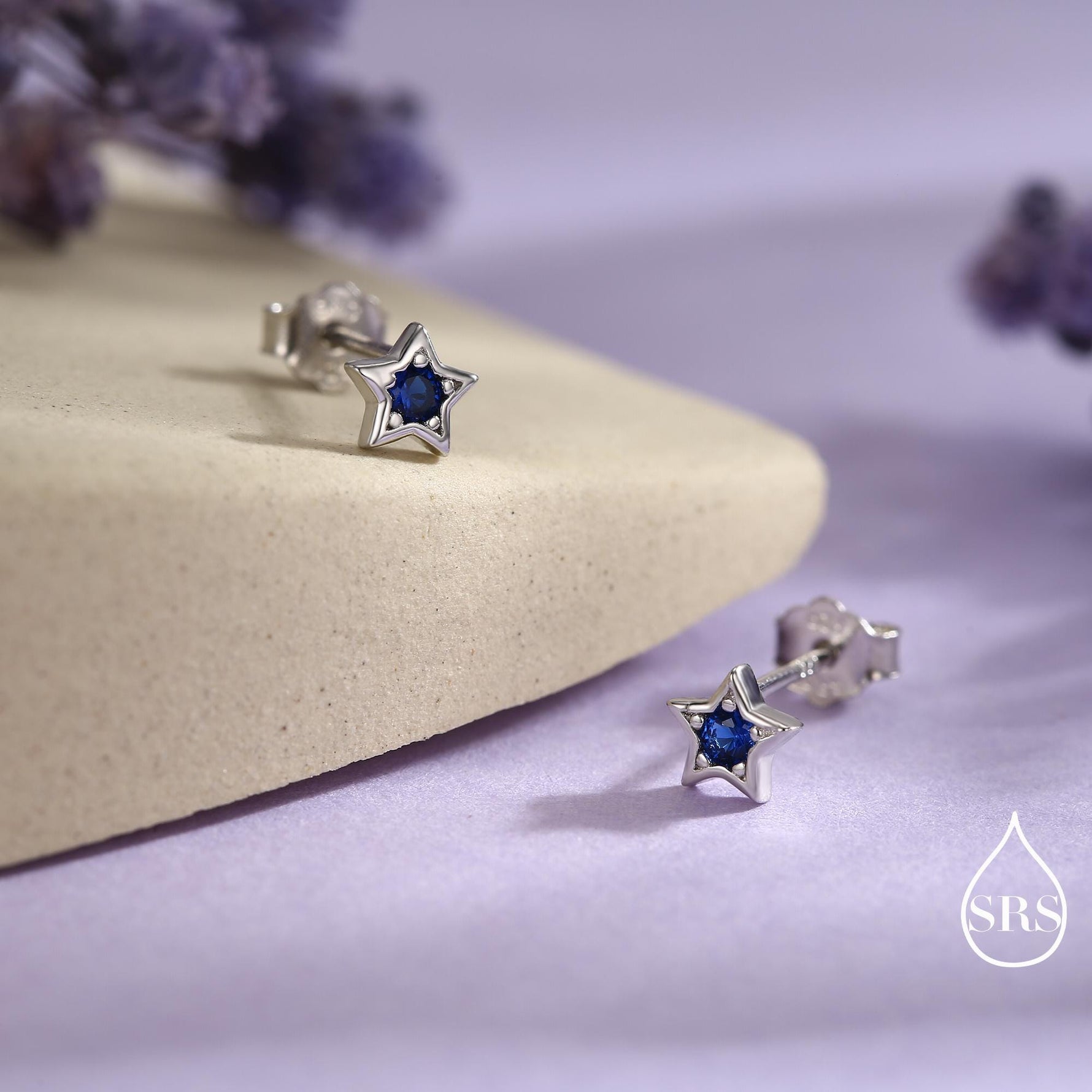 Tiny Sapphire Blue CZ Star Stud Earrings in Sterling Silver, Silver or Gold, Blue Crystal Star Earrings, Stacking Earrings