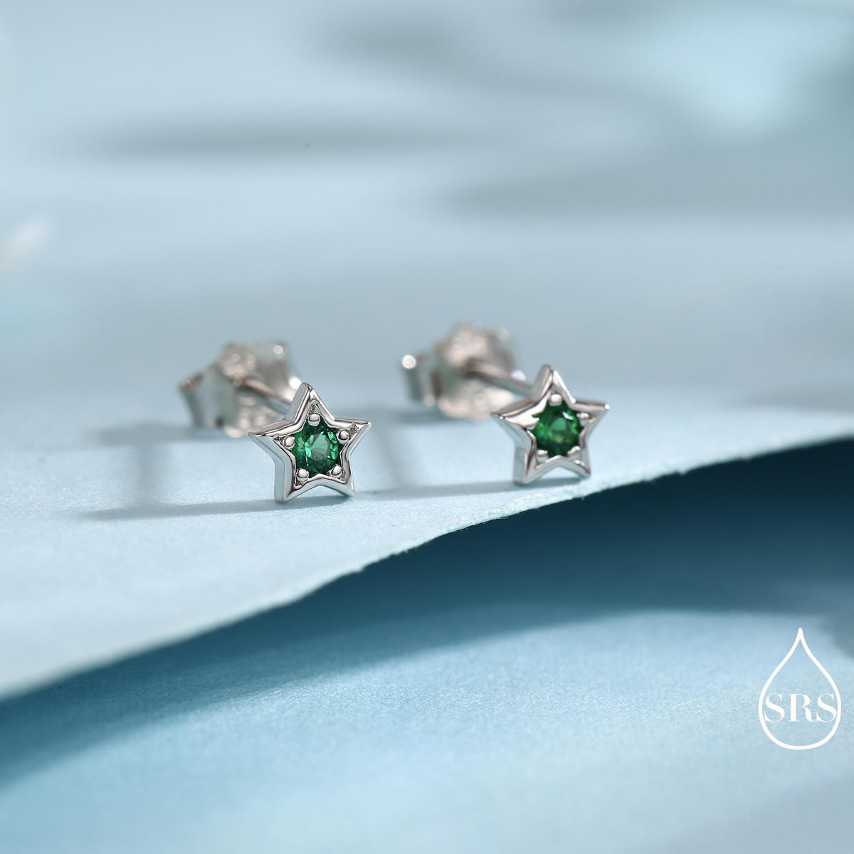 Tiny Emerald Green CZ Star Stud Earrings in Sterling Silver, Silver or Gold, Green Crystal Star Earrings, Stacking Earrings