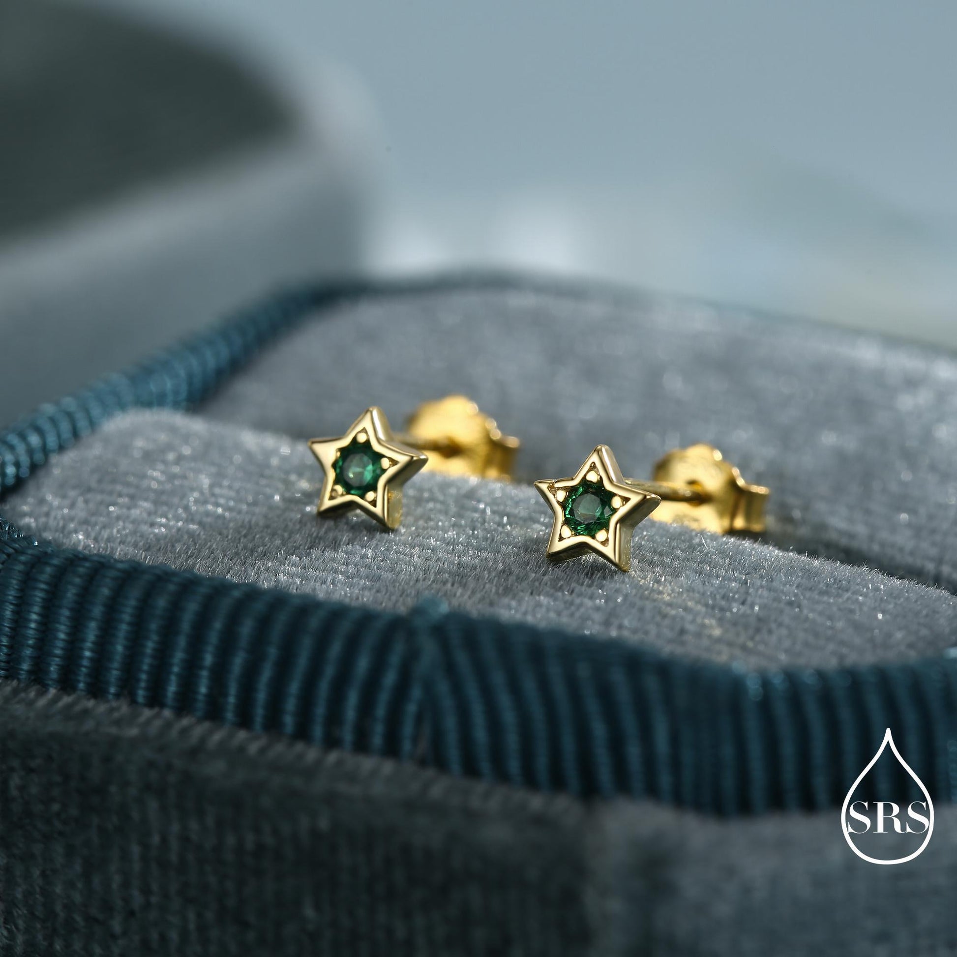Tiny Emerald Green CZ Star Stud Earrings in Sterling Silver, Silver or Gold, Green Crystal Star Earrings, Stacking Earrings