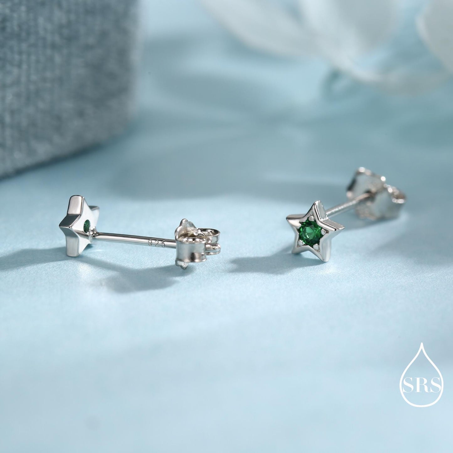 Tiny Emerald Green CZ Star Stud Earrings in Sterling Silver, Silver or Gold, Green Crystal Star Earrings, Stacking Earrings