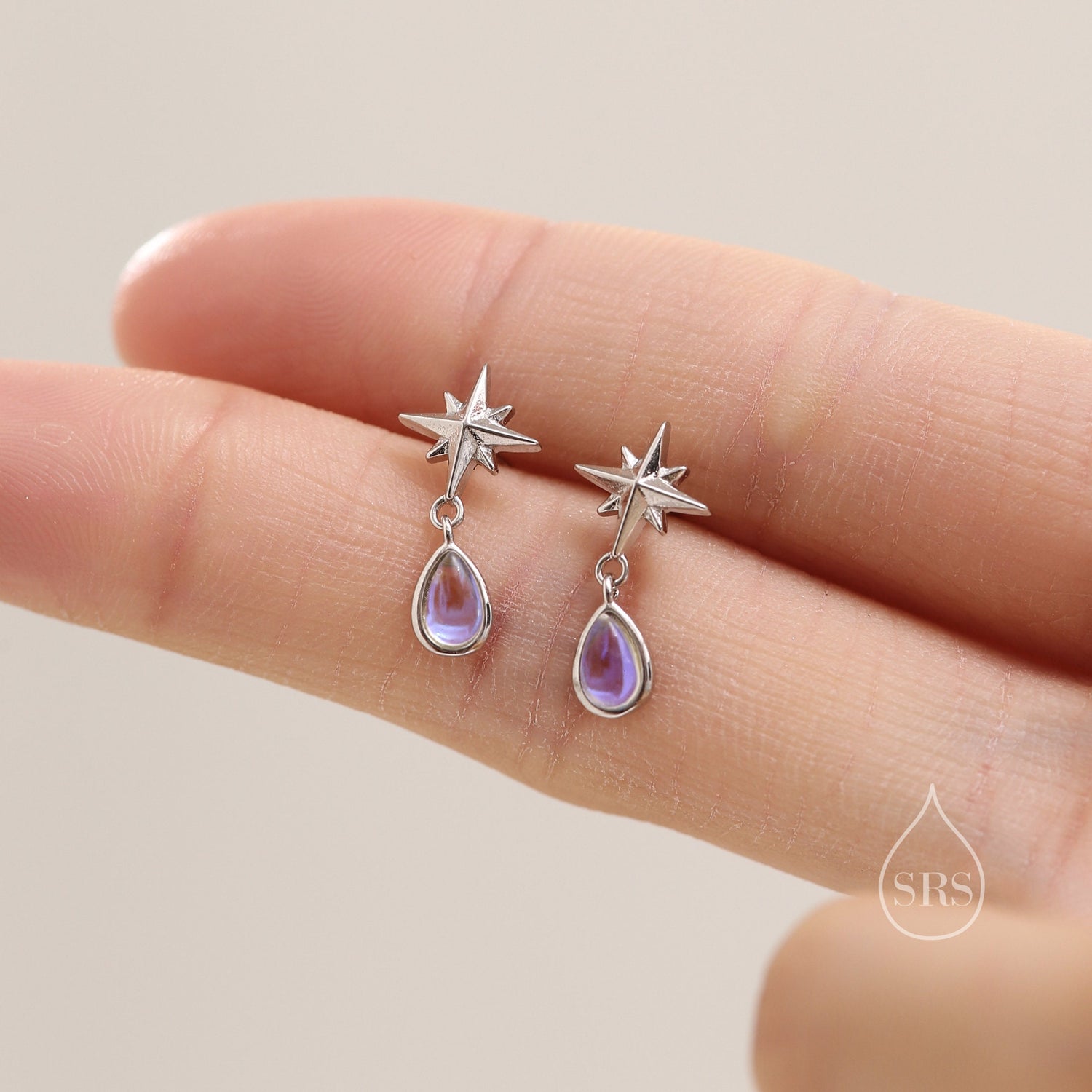 Tiny Starburst and Dangle Moonstone Stud Earrings in Sterling Silver, Silver, Gold or Rose Gold, Star Earrings, Sunburst Earrings, Celestial