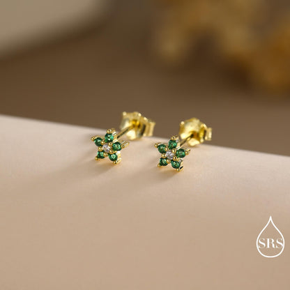 Very Small Emerald Green CZ Flower Stud Earrings in Sterling Silver, Silver or Gold, Crystal Flower Earrings, Stacking Earrings