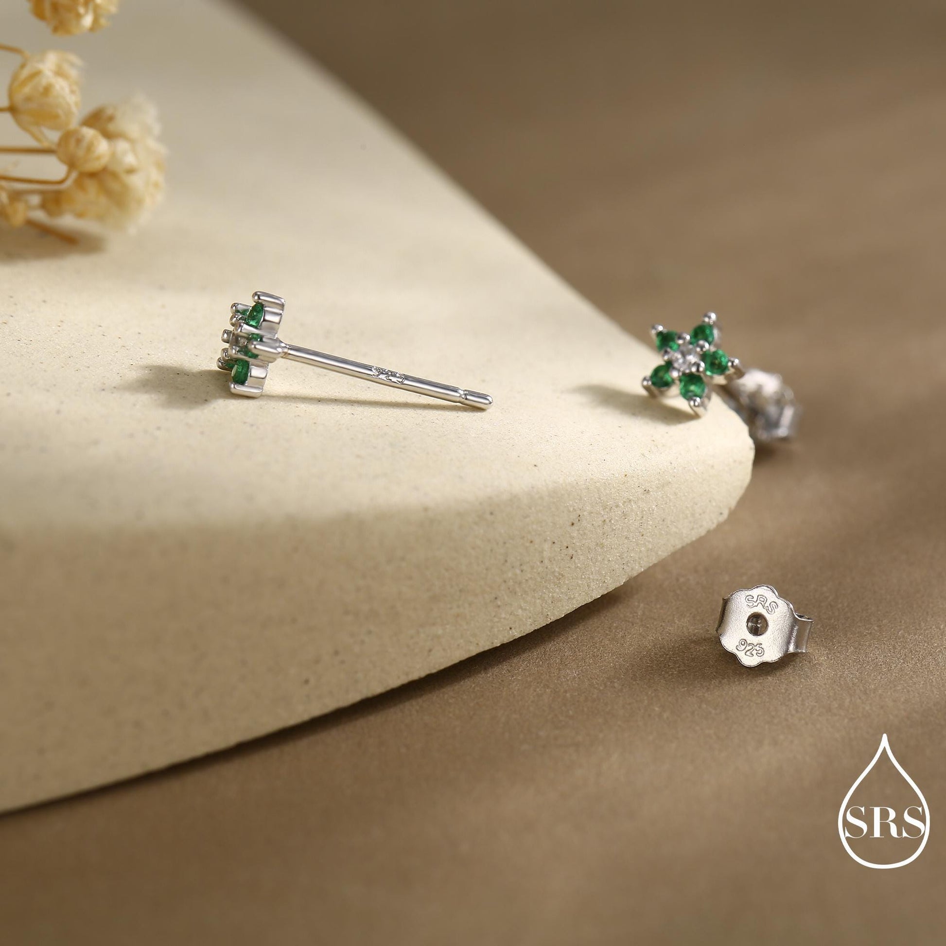 Very Small Emerald Green CZ Flower Stud Earrings in Sterling Silver, Silver or Gold, Crystal Flower Earrings, Stacking Earrings