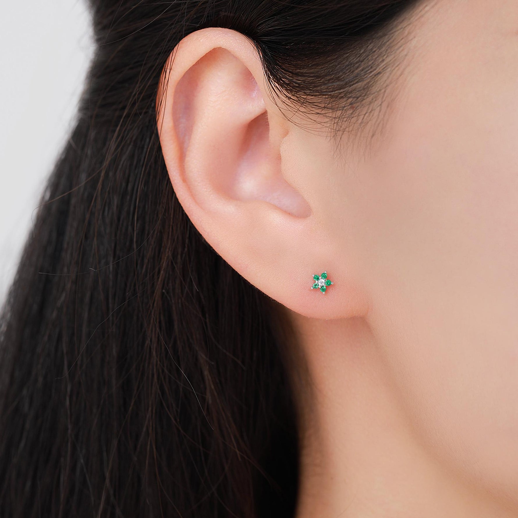 Very Small Emerald Green CZ Flower Stud Earrings in Sterling Silver, Silver or Gold, Crystal Flower Earrings, Stacking Earrings