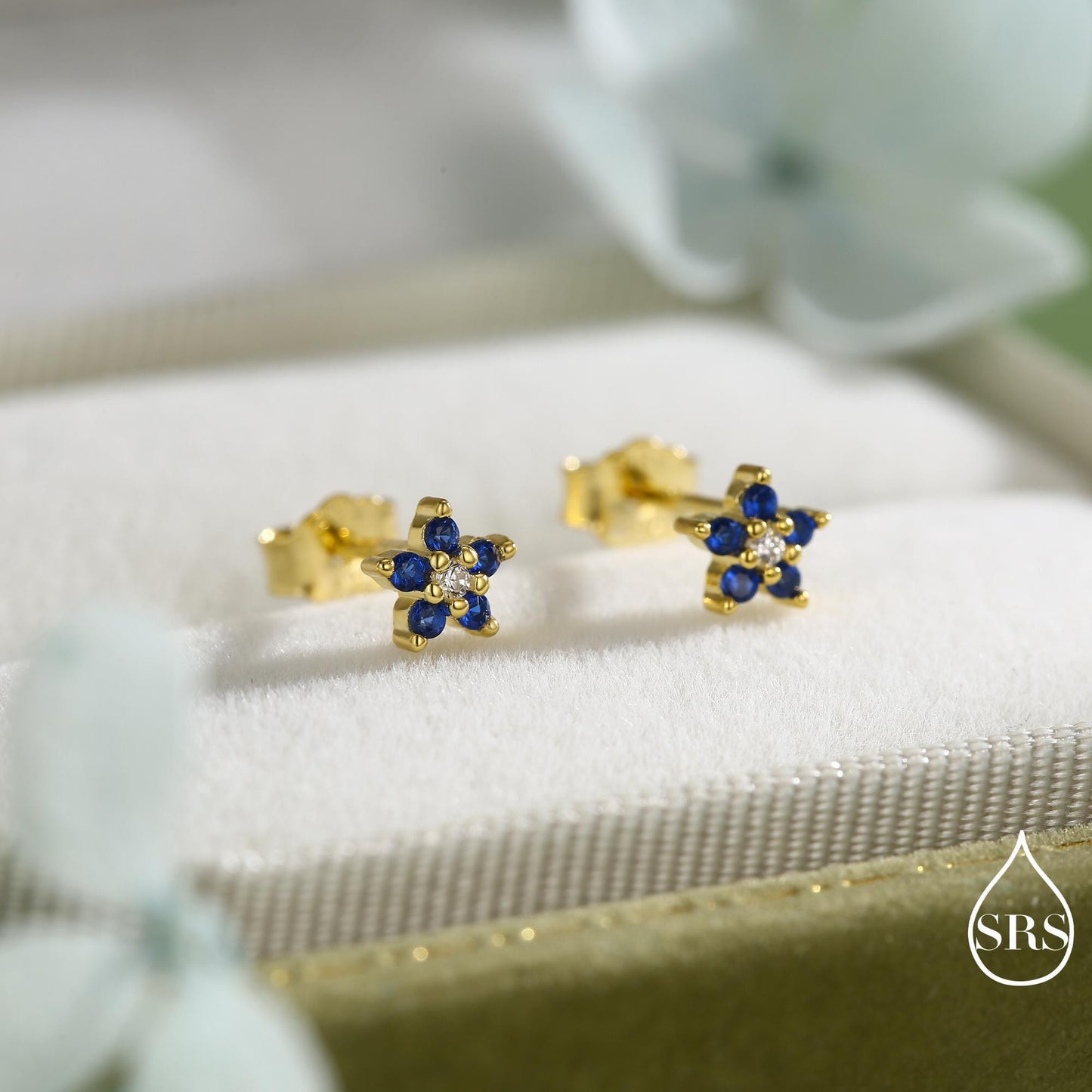Tiny Sapphire Blue CZ Flower Stud Earrings in Sterling Silver, Silver or Gold, Forget Me Not Crystal Flower Earrings, Stacking Earring