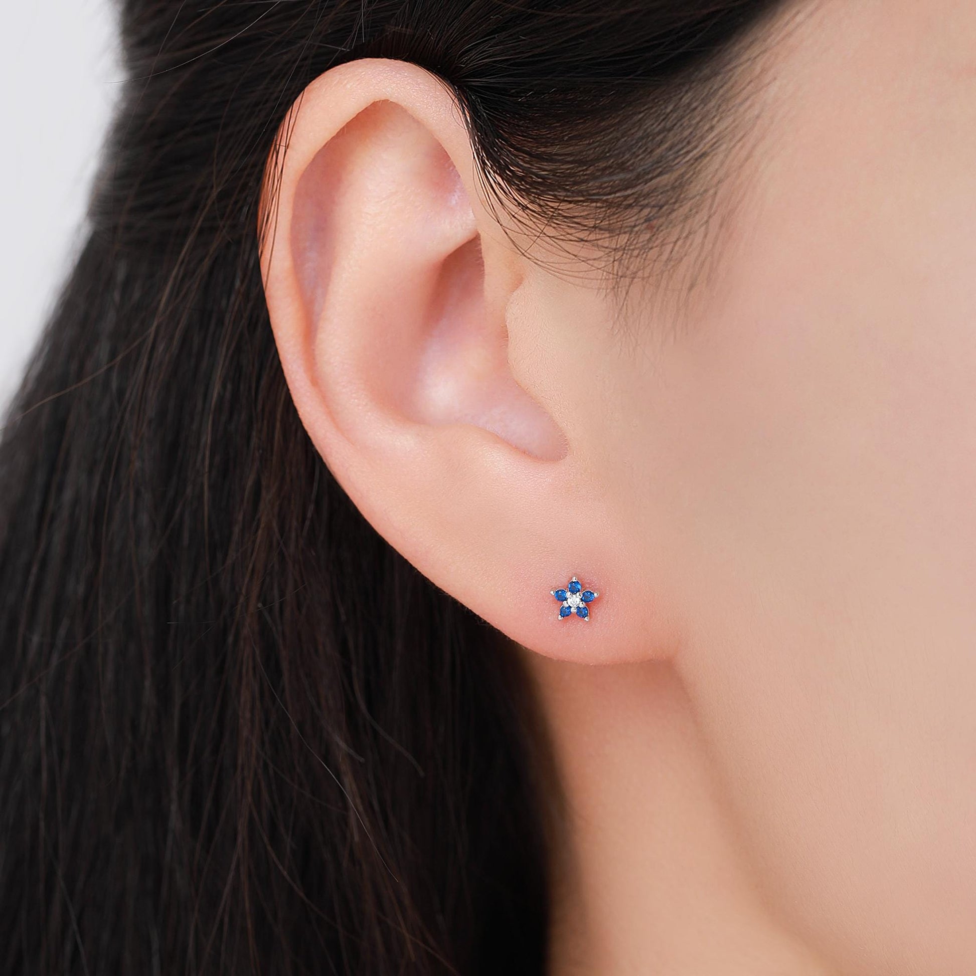 Tiny Sapphire Blue CZ Flower Stud Earrings in Sterling Silver, Silver or Gold, Forget Me Not Crystal Flower Earrings, Stacking Earring