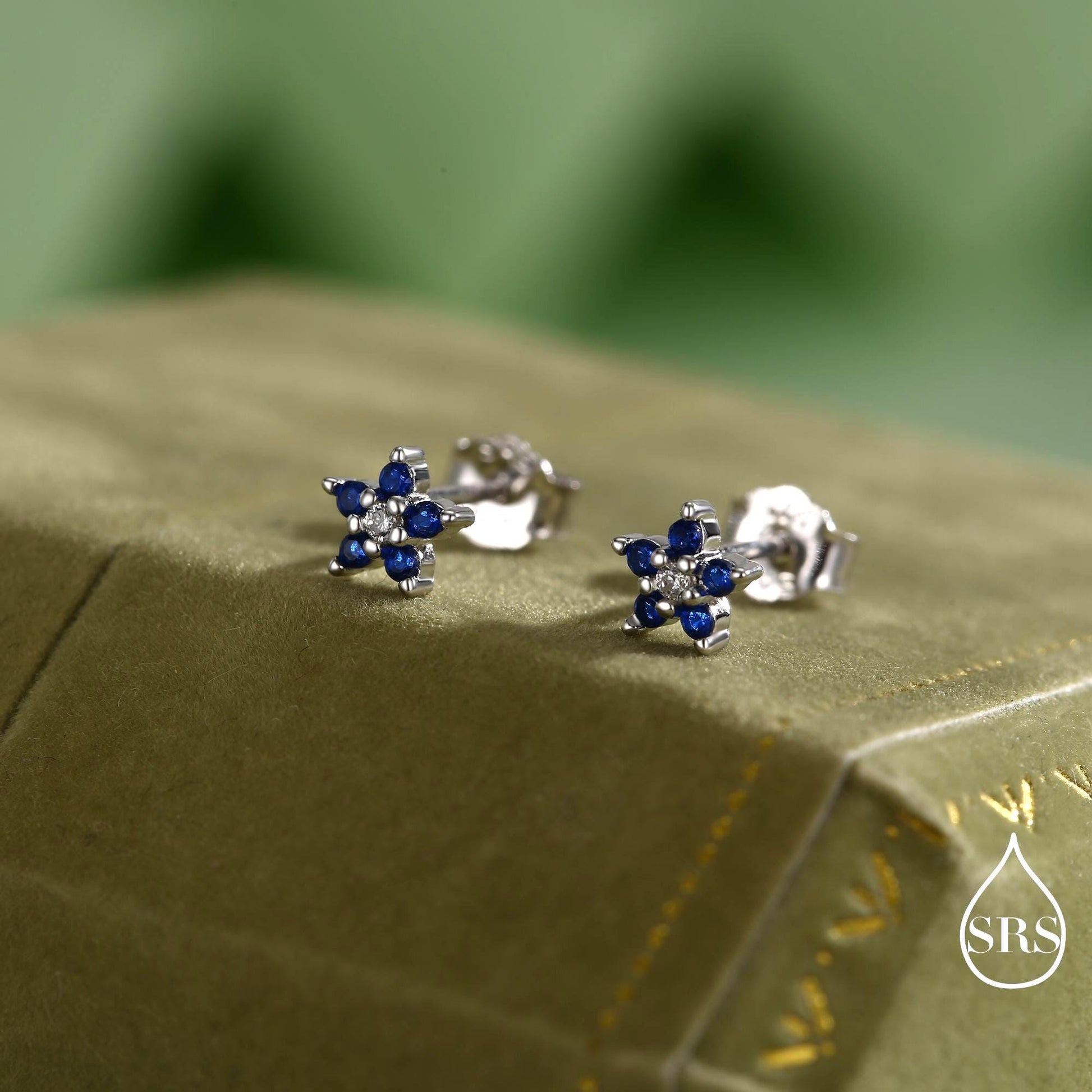 Tiny Sapphire Blue CZ Flower Stud Earrings in Sterling Silver, Silver or Gold, Forget Me Not Crystal Flower Earrings, Stacking Earring