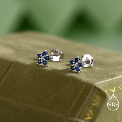 Tiny Sapphire Blue CZ Flower Stud Earrings in Sterling Silver, Silver or Gold, Forget Me Not Crystal Flower Earrings, Stacking Earring