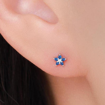 Tiny Sapphire Blue CZ Flower Stud Earrings in Sterling Silver, Silver or Gold, Forget Me Not Crystal Flower Earrings, Stacking Earring