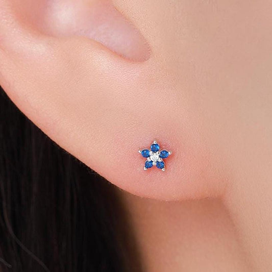 Tiny Sapphire Blue CZ Flower Stud Earrings in Sterling Silver, Silver or Gold, Forget Me Not Crystal Flower Earrings, Stacking Earring