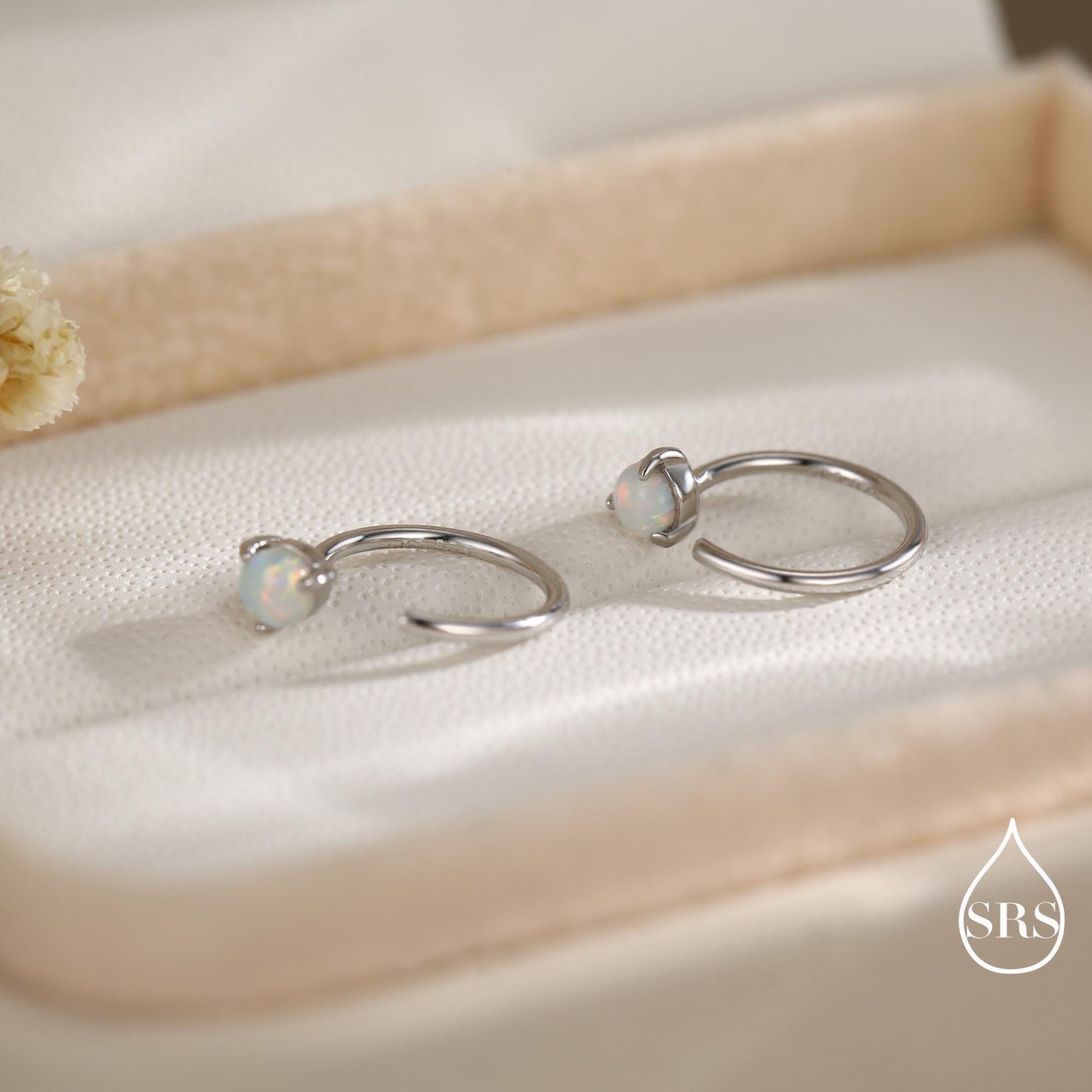 Minimalist Opal Huggie Hoop Threader Earrings in Sterling Silver, 3mm Three Prong, Gold or Silver, Pull Through Open Hoops, Fire Opal