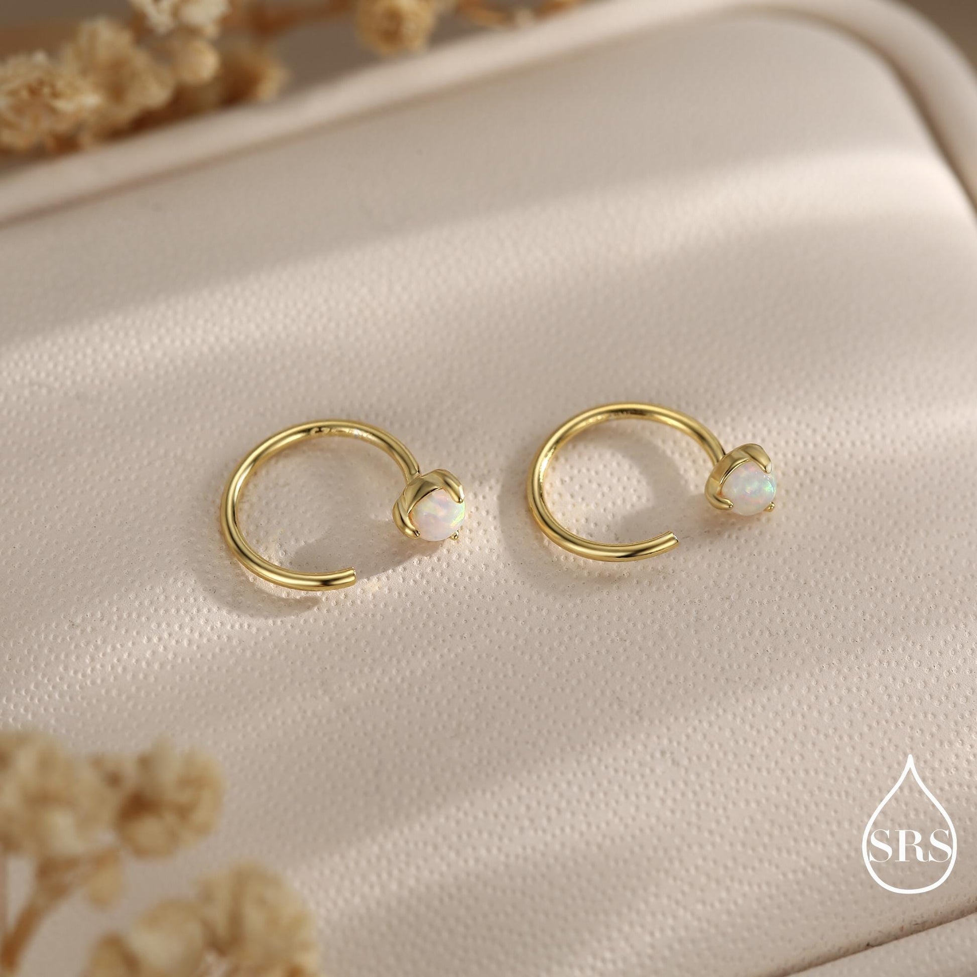 Minimalist Opal Huggie Hoop Threader Earrings in Sterling Silver, 3mm Three Prong, Gold or Silver, Pull Through Open Hoops, Fire Opal