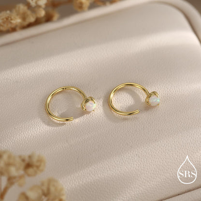 Minimalist Opal Huggie Hoop Threader Earrings in Sterling Silver, 3mm Three Prong, Gold or Silver, Pull Through Open Hoops, Fire Opal