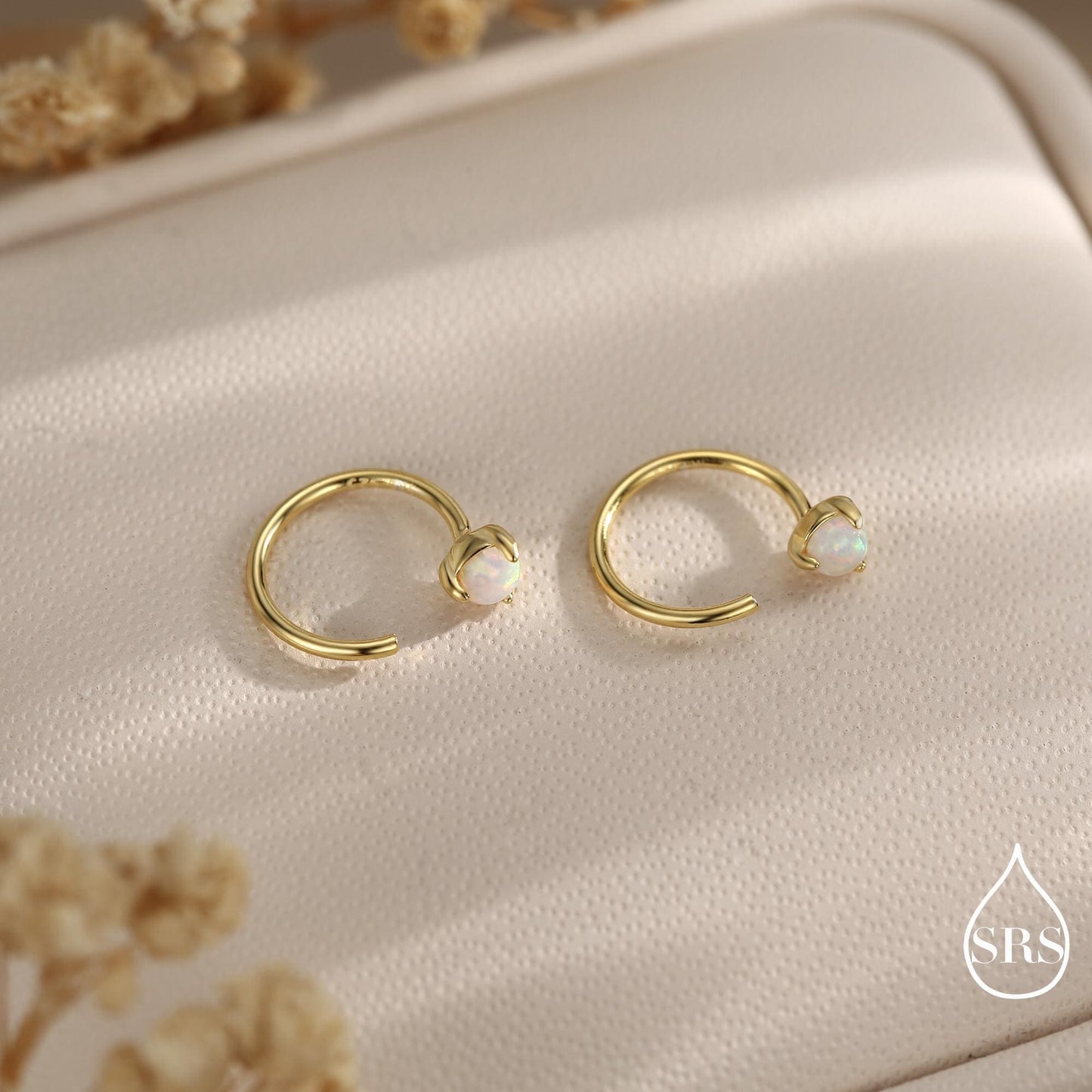 Minimalist Opal Huggie Hoop Threader Earrings in Sterling Silver, 3mm Three Prong, Gold or Silver, Pull Through Open Hoops, Fire Opal