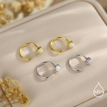 Minimalist Opal Huggie Hoop Threader Earrings in Sterling Silver, 3mm Three Prong, Gold or Silver, Pull Through Open Hoops, Fire Opal