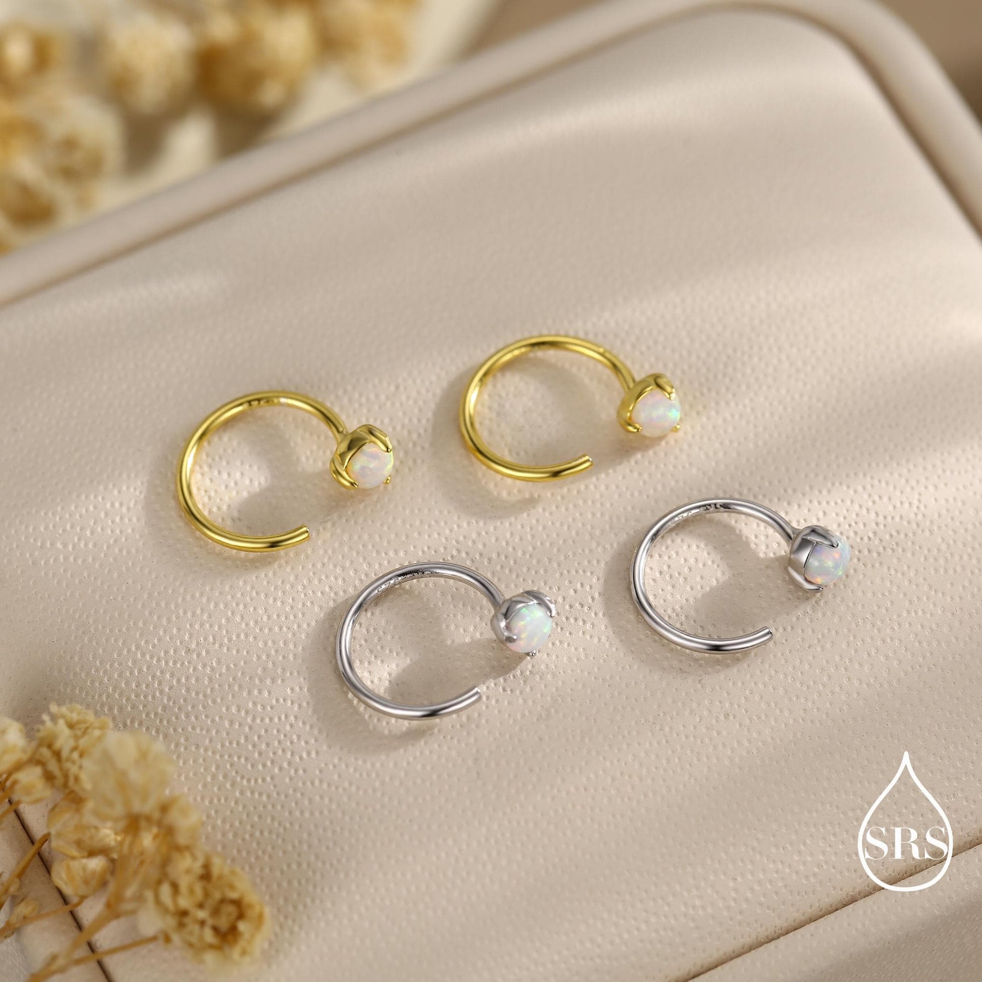 Minimalist Opal Huggie Hoop Threader Earrings in Sterling Silver, 3mm Three Prong, Gold or Silver, Pull Through Open Hoops, Fire Opal