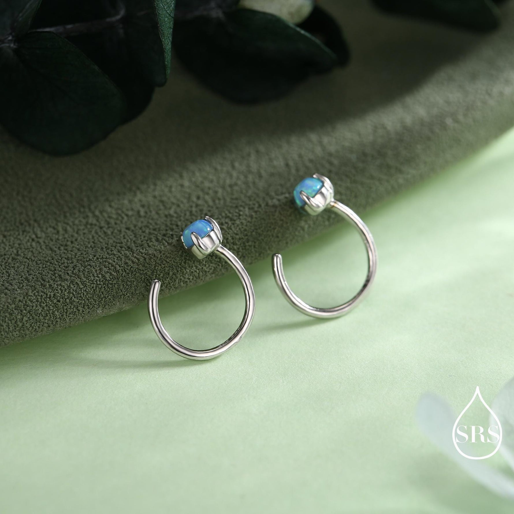 Minimalist Opal Huggie Hoop Threader Earrings in Sterling Silver, 3mm Three Prong, Gold or Silver, Pull Through Open Hoops, Blue Opal C Hoop
