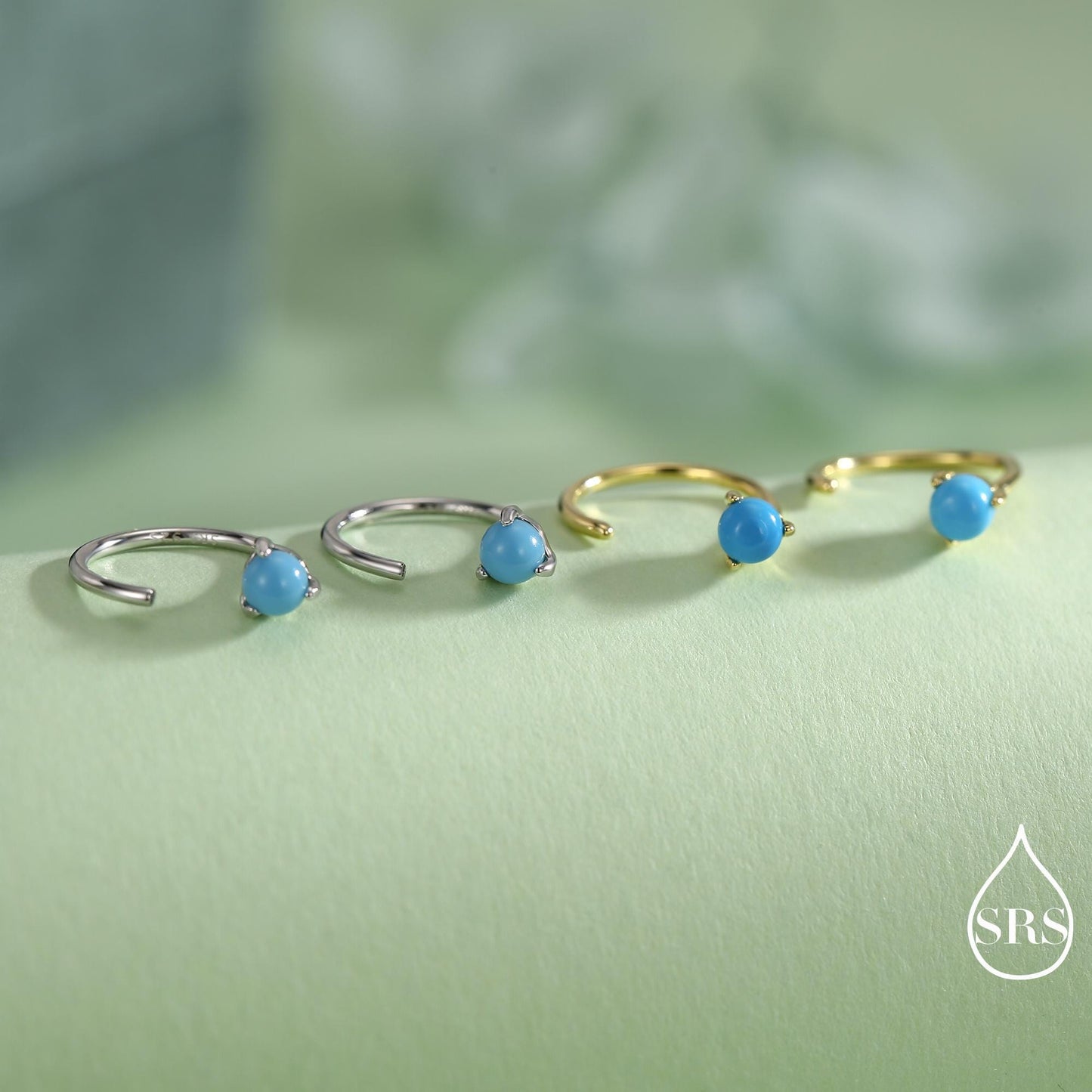 Natural Turquoise Huggie Hoop Threader Earrings in Sterling Silver, 3mm Three Prong Set, Gold or Silver, Pull Through Open Hoops