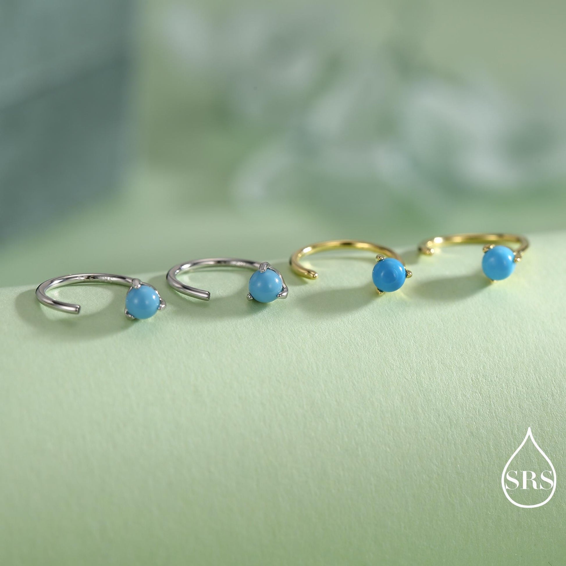 Natural Turquoise Huggie Hoop Threader Earrings in Sterling Silver, 3mm Three Prong Set, Gold or Silver, Pull Through Open Hoops