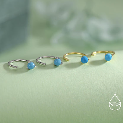 Natural Turquoise Huggie Hoop Threader Earrings in Sterling Silver, 3mm Three Prong Set, Gold or Silver, Pull Through Open Hoops