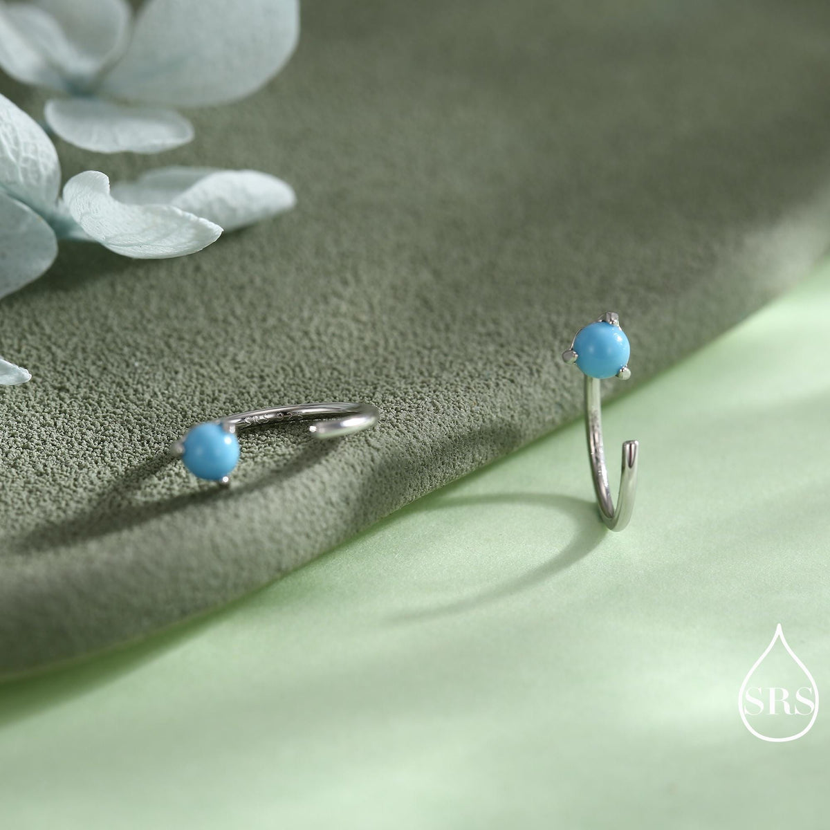 Natural Turquoise Huggie Hoop Threader Earrings in Sterling Silver, 3mm Three Prong Set, Gold or Silver, Pull Through Open Hoops