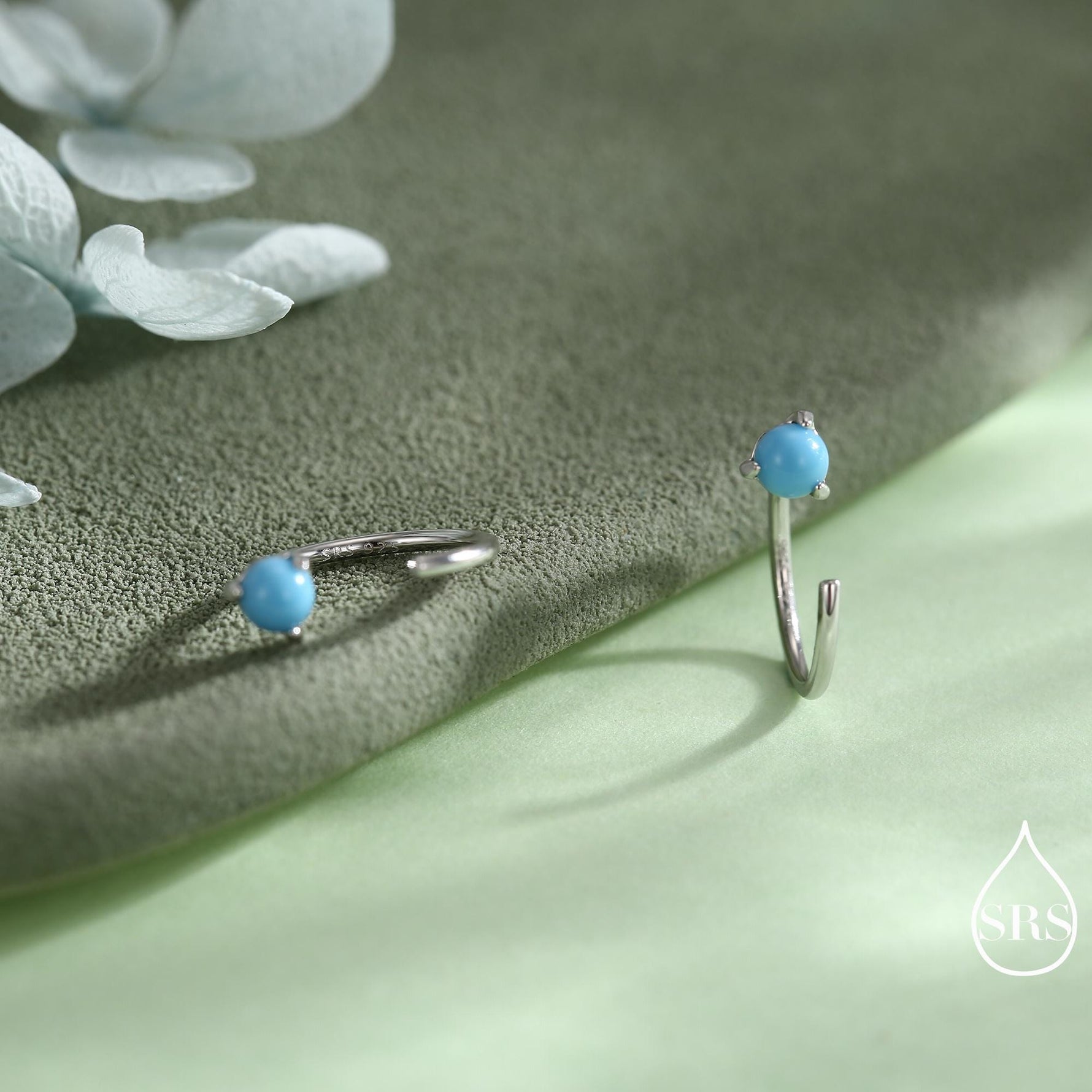 Natural Turquoise Huggie Hoop Threader Earrings in Sterling Silver, 3mm Three Prong Set, Gold or Silver, Pull Through Open Hoops