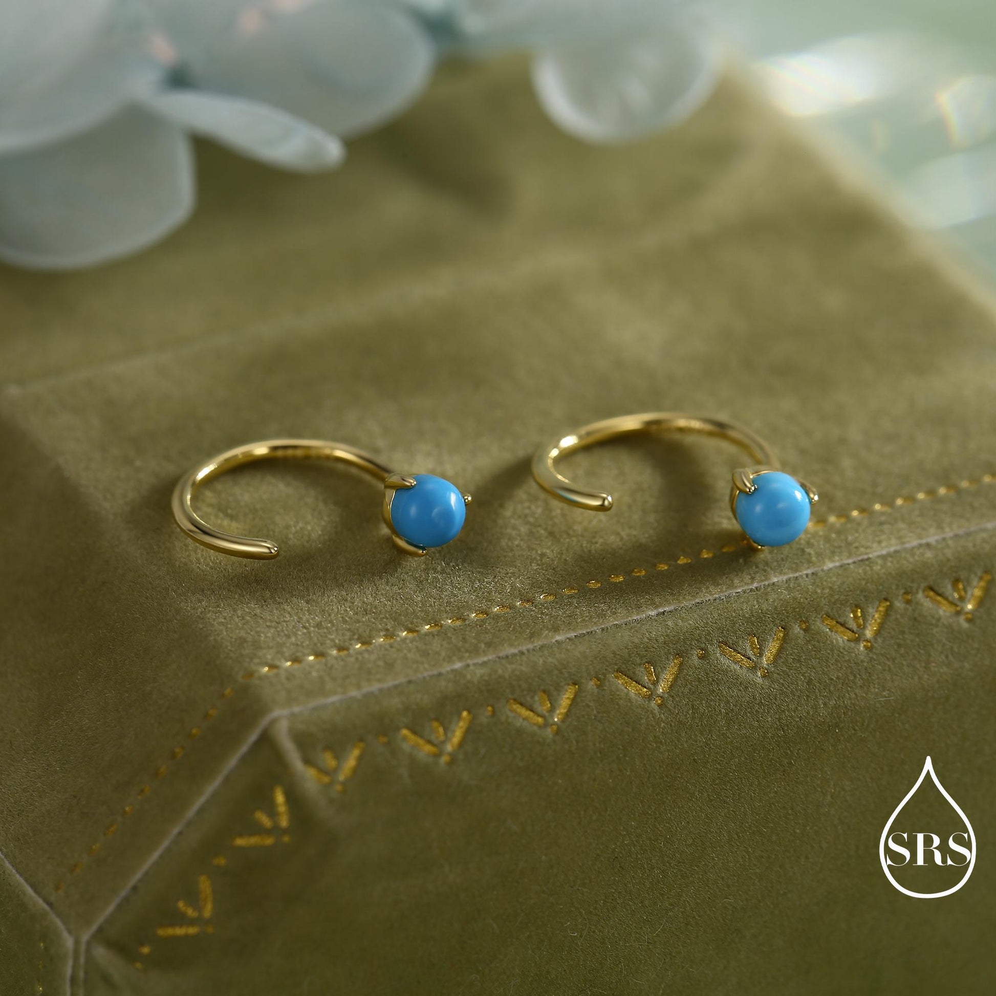 Natural Turquoise Huggie Hoop Threader Earrings in Sterling Silver, 3mm Three Prong Set, Gold or Silver, Pull Through Open Hoops