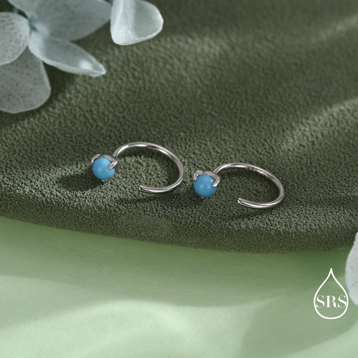 Natural Turquoise Huggie Hoop Threader Earrings in Sterling Silver, 3mm Three Prong Set, Gold or Silver, Pull Through Open Hoops