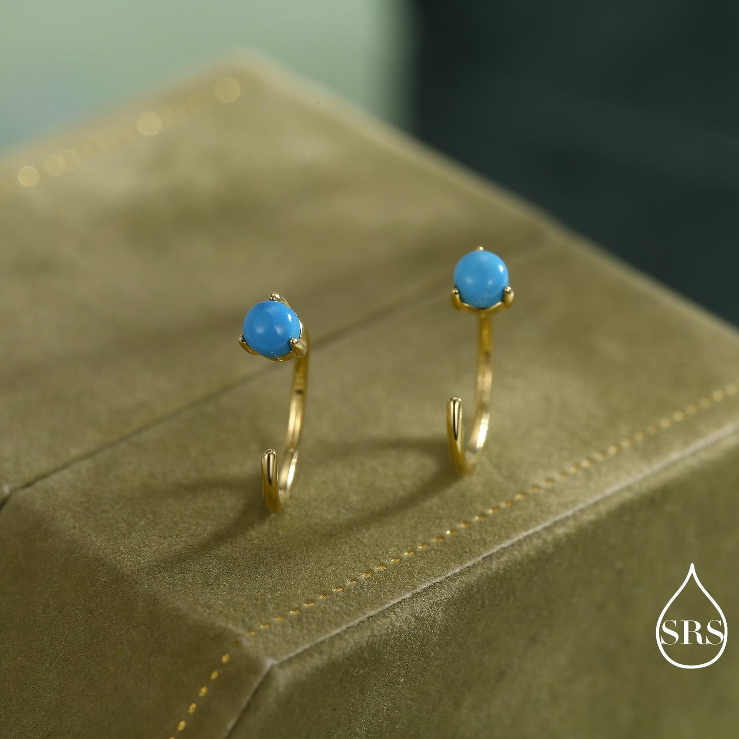 Natural Turquoise Huggie Hoop Threader Earrings in Sterling Silver, 3mm Three Prong Set, Gold or Silver, Pull Through Open Hoops