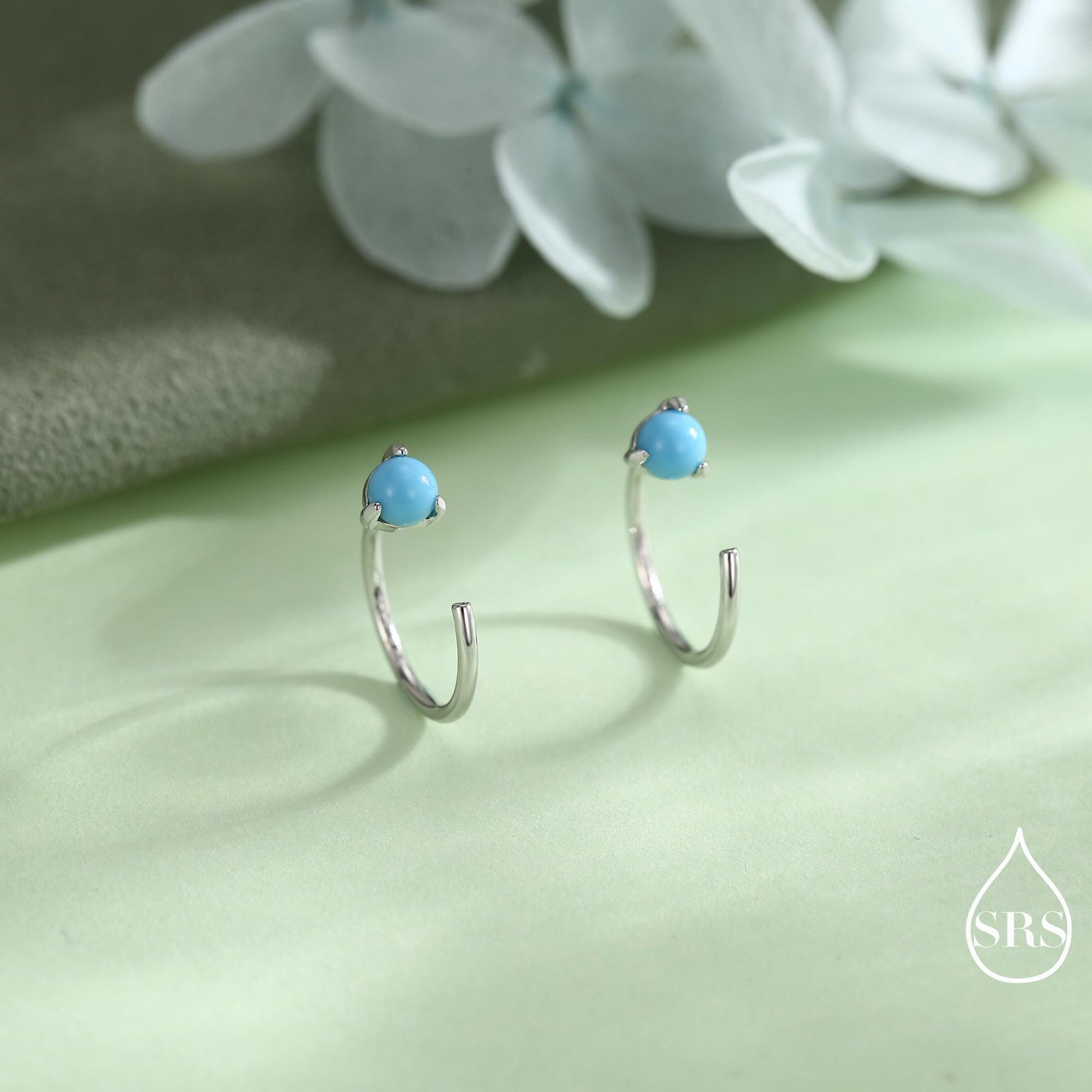 Natural Turquoise Huggie Hoop Threader Earrings in Sterling Silver, 3mm Three Prong Set, Gold or Silver, Pull Through Open Hoops