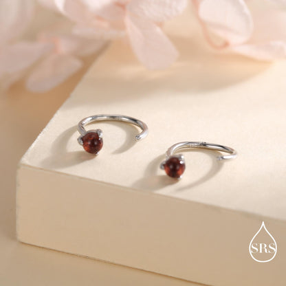 Genuine Garnet Huggie Hoop Earrings in Sterling Silver, 3mm Natural Garnet Open Hoops, Pull Through Threaders, Half Hoops, C Shape Hoops