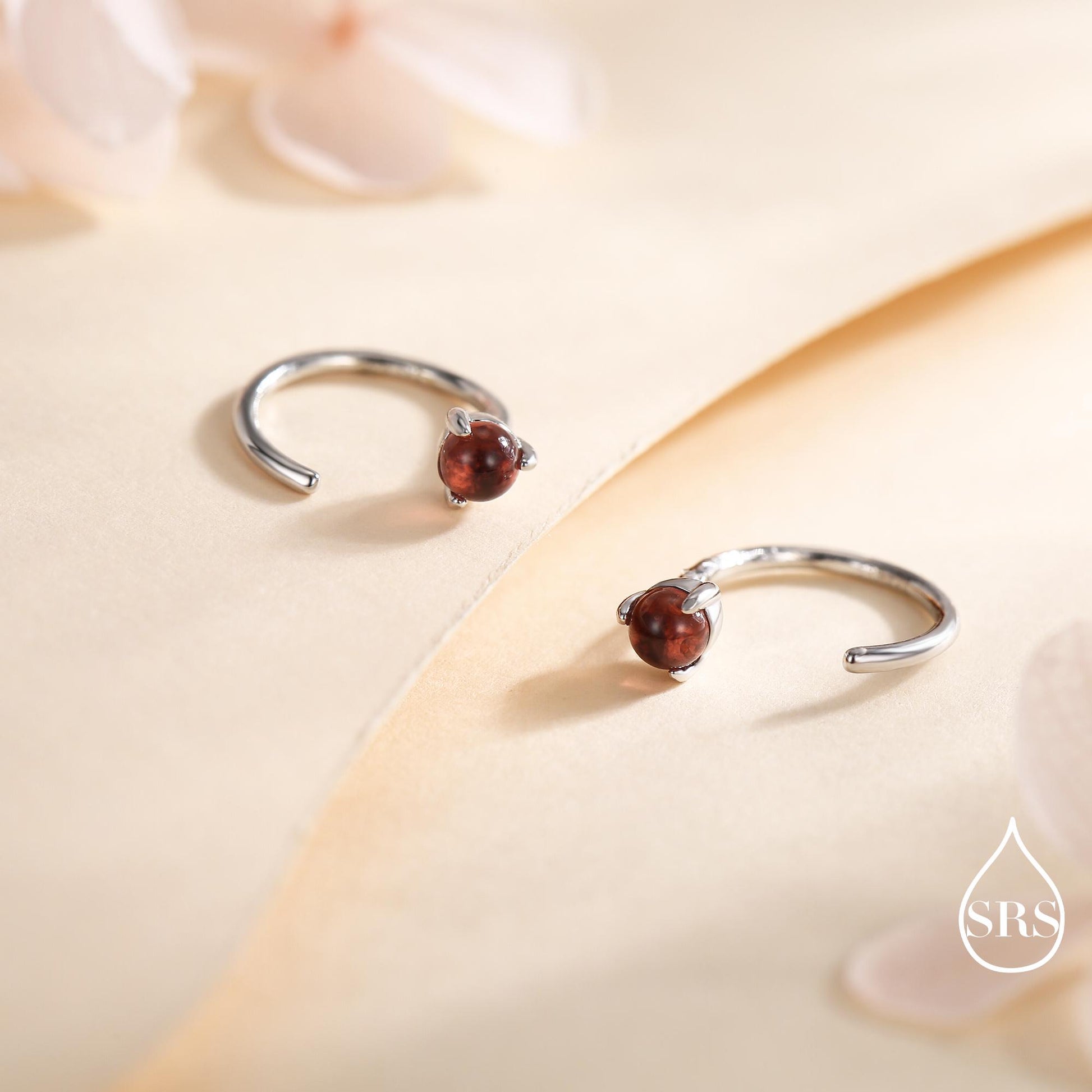 Genuine Garnet Huggie Hoop Earrings in Sterling Silver, 3mm Natural Garnet Open Hoops, Pull Through Threaders, Half Hoops, C Shape Hoops