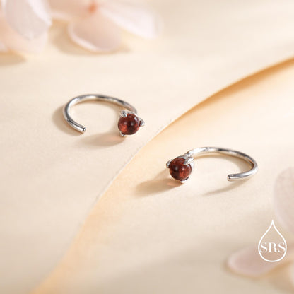 Genuine Garnet Huggie Hoop Earrings in Sterling Silver, 3mm Natural Garnet Open Hoops, Pull Through Threaders, Half Hoops, C Shape Hoops