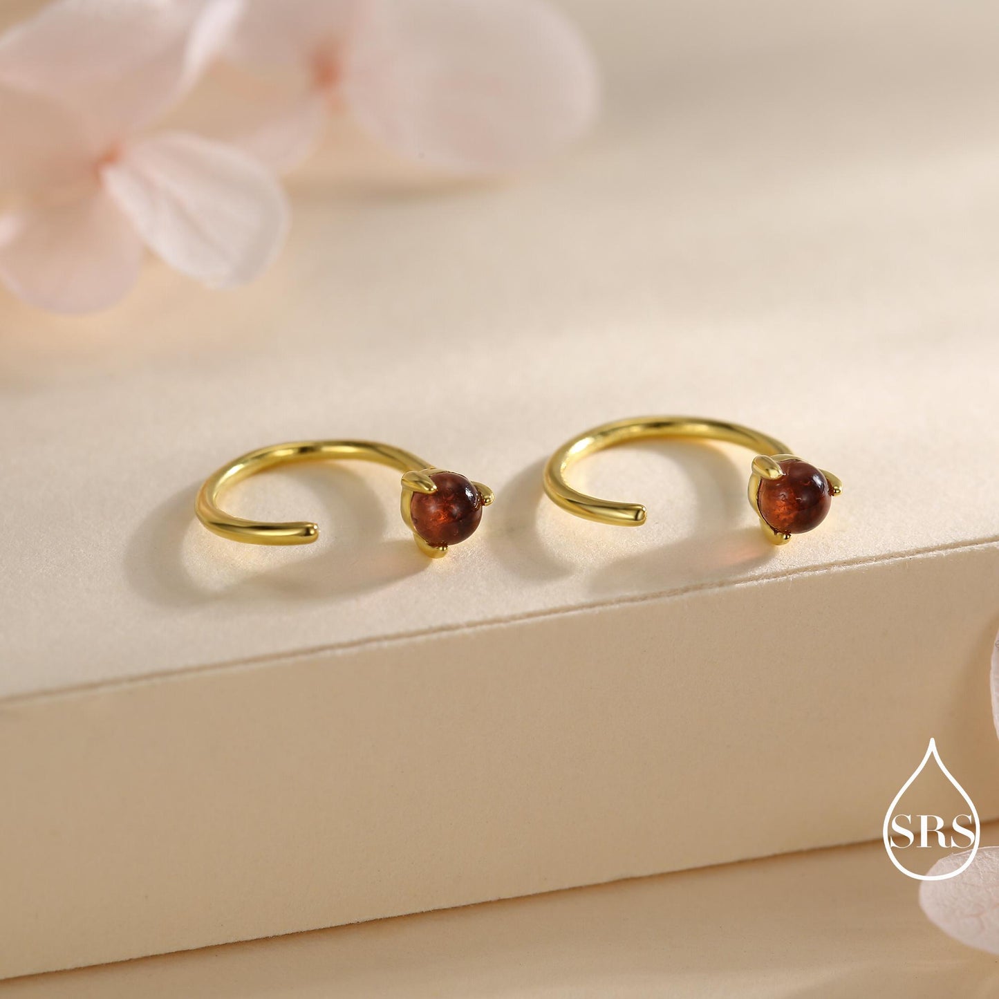 Genuine Garnet Huggie Hoop Earrings in Sterling Silver, 3mm Natural Garnet Open Hoops, Pull Through Threaders, Half Hoops, C Shape Hoops