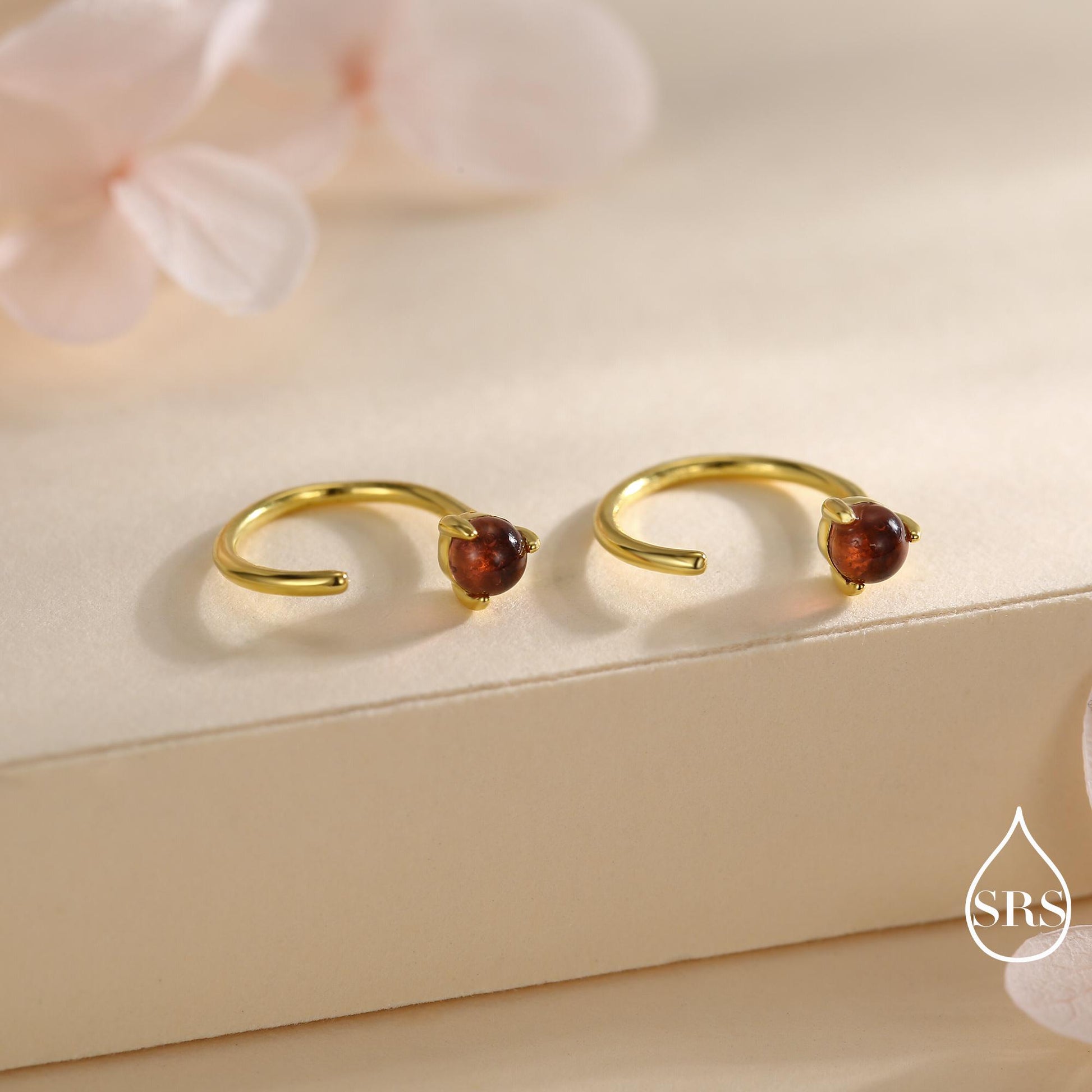 Genuine Garnet Huggie Hoop Earrings in Sterling Silver, 3mm Natural Garnet Open Hoops, Pull Through Threaders, Half Hoops, C Shape Hoops