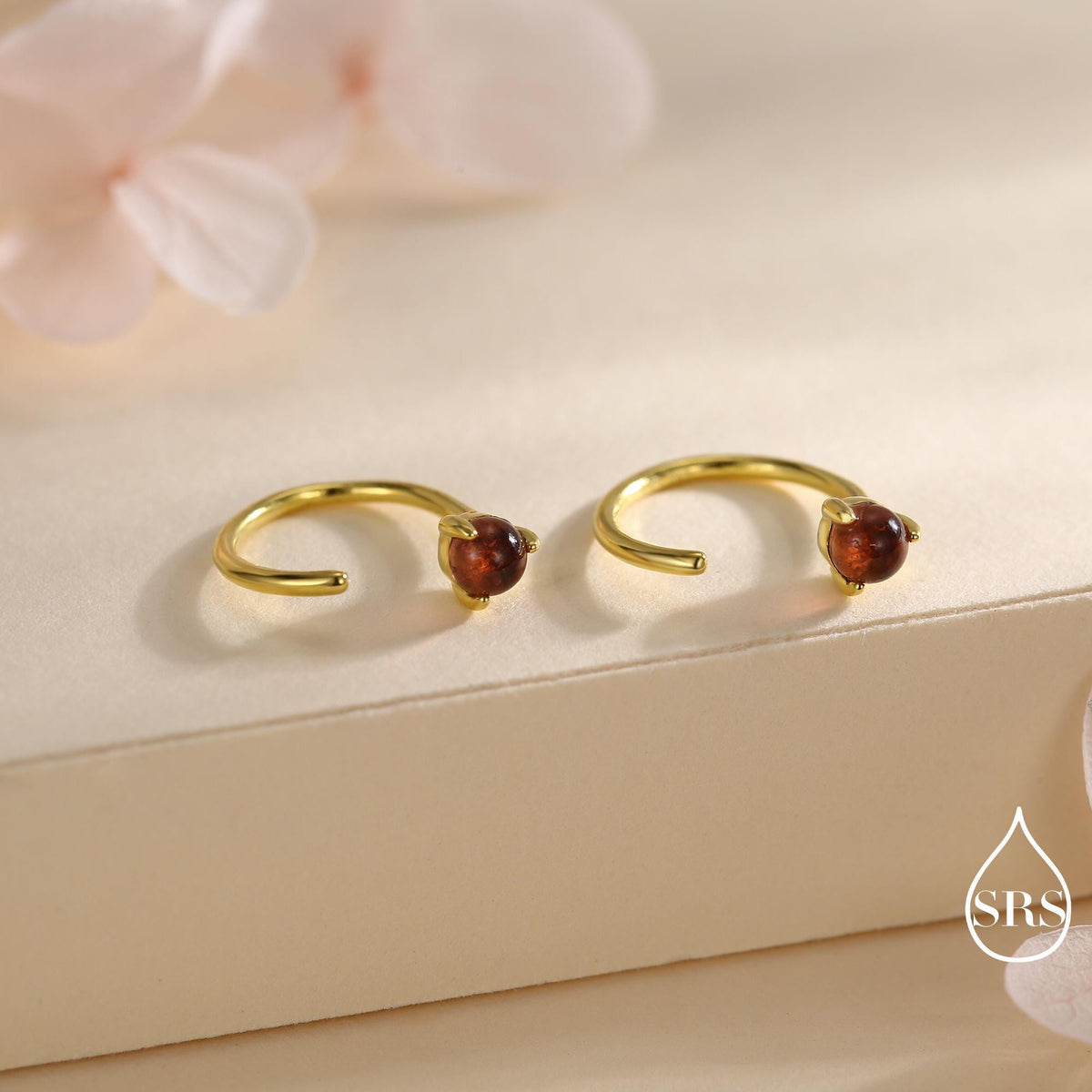 Genuine Garnet Huggie Hoop Earrings in Sterling Silver, 3mm Natural Garnet Open Hoops, Pull Through Threaders, Half Hoops, C Shape Hoops