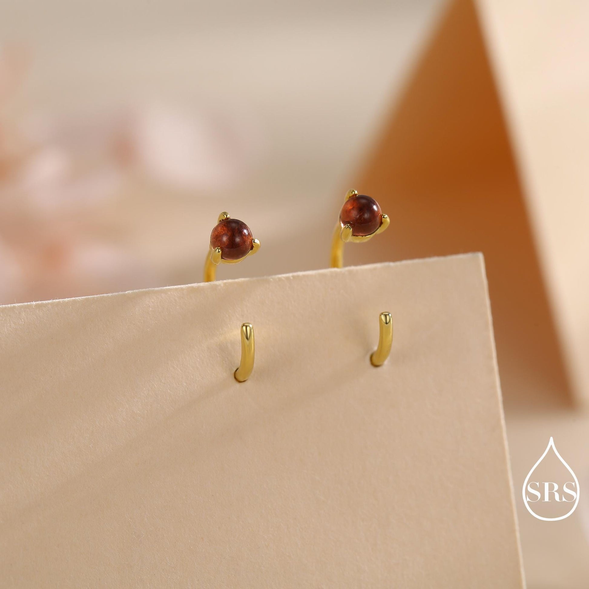 Genuine Garnet Huggie Hoop Earrings in Sterling Silver, 3mm Natural Garnet Open Hoops, Pull Through Threaders, Half Hoops, C Shape Hoops