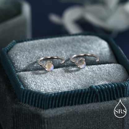 Moonstone Huggie Hoop Earrings in Sterling Silver, Tiny Moonstone Open Hoops, Pull Through Threaders, Half Hoops, C Shape Hoops