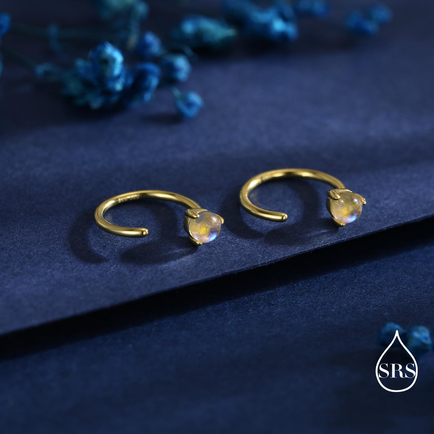 Moonstone Huggie Hoop Earrings in Sterling Silver, Tiny Moonstone Open Hoops, Pull Through Threaders, Half Hoops, C Shape Hoops