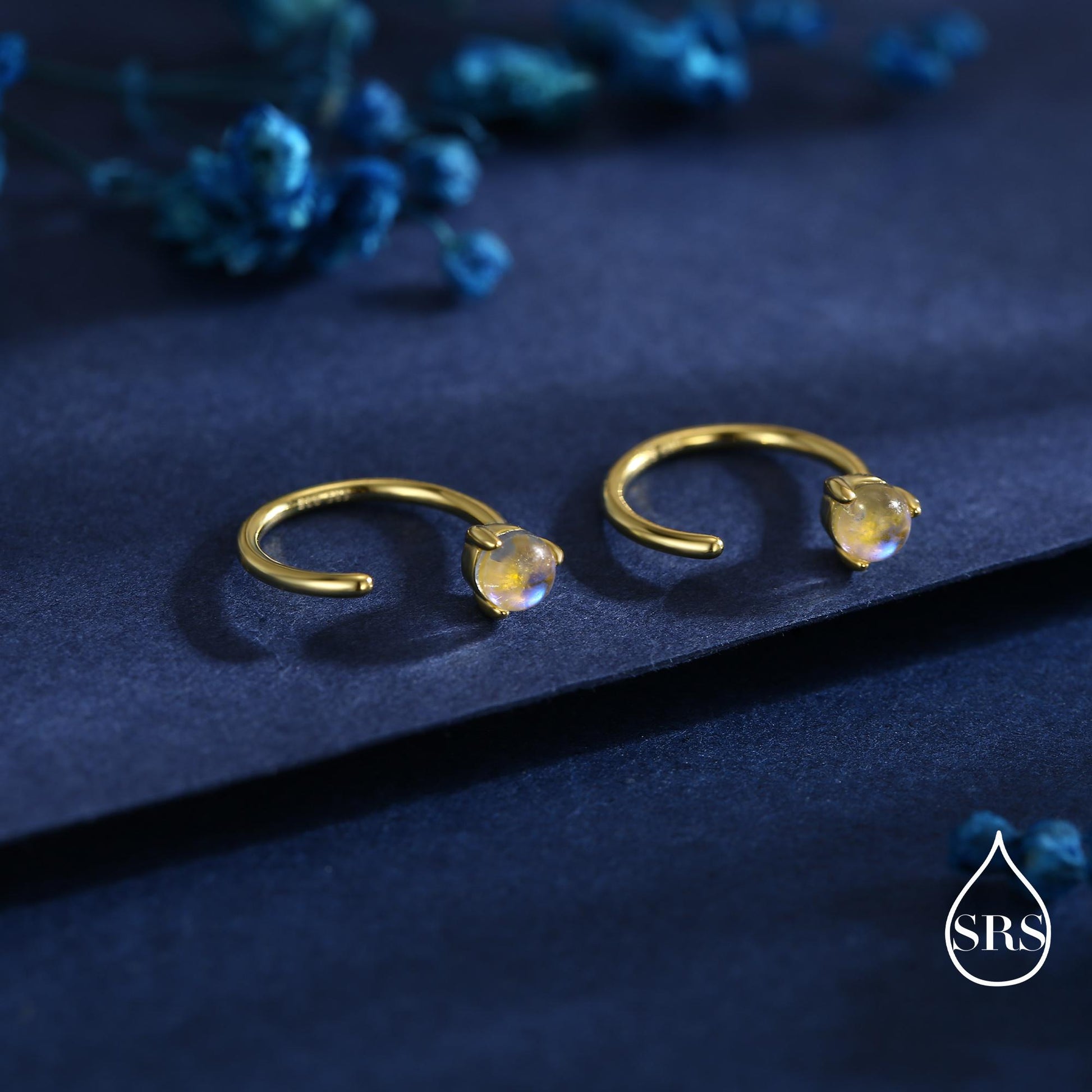 Moonstone Huggie Hoop Earrings in Sterling Silver, Tiny Moonstone Open Hoops, Pull Through Threaders, Half Hoops, C Shape Hoops