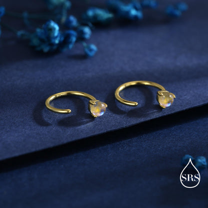 Moonstone Huggie Hoop Earrings in Sterling Silver, Tiny Moonstone Open Hoops, Pull Through Threaders, Half Hoops, C Shape Hoops