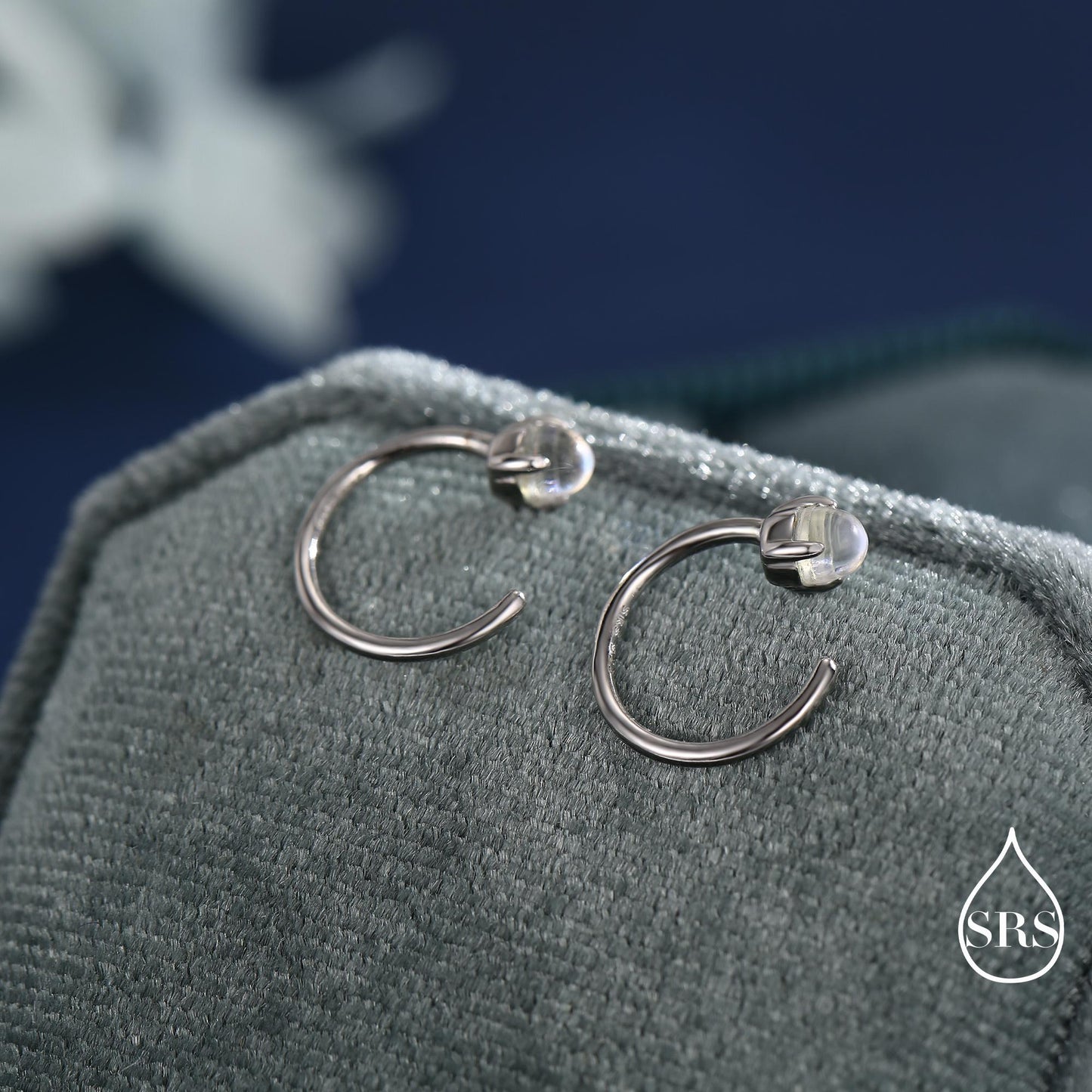 Moonstone Huggie Hoop Earrings in Sterling Silver, Tiny Moonstone Open Hoops, Pull Through Threaders, Half Hoops, C Shape Hoops